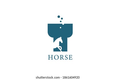 T blue white horse alphabet letter logo icon with stallion shape inside. Creative design for business and company