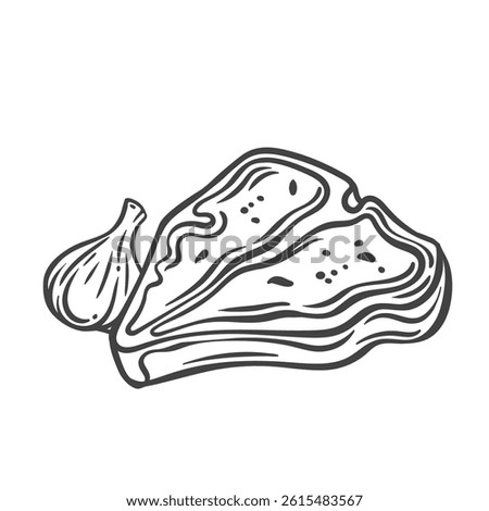 T bone beef steak line icon. Outline hand drawn sketch of fresh tbone beefsteak and garlic to grill or roast. BBQ menu, restaurant mascot, raw cow steak for barbecue party icon vector illustration