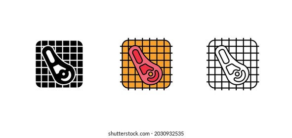 T Knochensymbol auf dem Grill gesetzt. Grillgerichte. Zu sammeln. Diese Symbole enthalten Symbole für scharfe Lebensmittel. Es ist eine Reihe von Farben, Silhouetten und feine Zeichnungen.