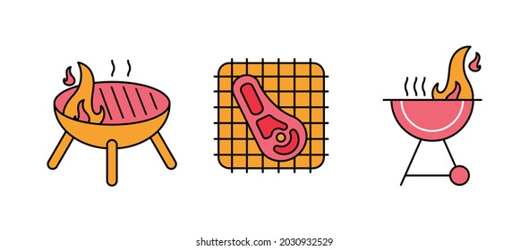 T bone on barbecue, barbecue in flame icon set. Barbecue grill. To collect. These icons contain hot food icons. It is a set of colored drawings.