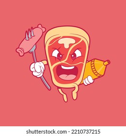 T bone steak character mascot vector illustration. Food, party, funny design concept.