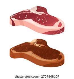 T bife de ossos cru e carne grelhada, comparando