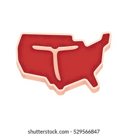 T Bone Steak In Shape Of United States Map. American Meat Illustration. Vintage Style Texture.