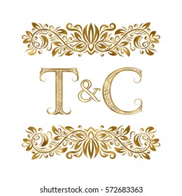 T and C vintage initials logo symbol. The letters are surrounded by ornamental elements. Wedding or business partners monogram in royal style.