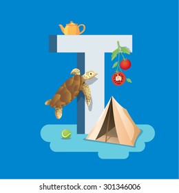 T - Children learning alphabet education set. Turtle, tent, tennis ball, tomato, teapot.