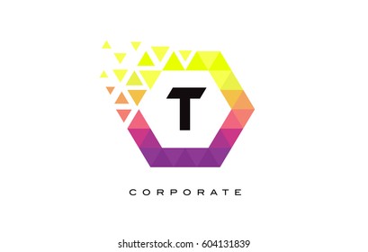 T Colorful Hexagon Shaped Letter Logo Design with Rainbow Mosaic Pattern.