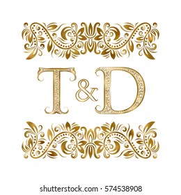 T and D vintage initials logo symbol. The letters are surrounded by ornamental elements. Wedding or business partners monogram in royal style.