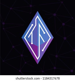 T F Initial letter block chain logo icon vector template. Looping mono line circuit letter on rhombus cube logo