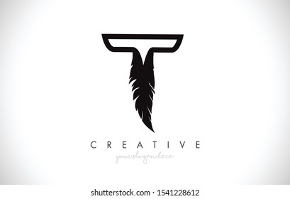 T Feather Letter Logo Icon Design With Feather Feather Creative Look Vector Illustration in Black and White Colors.