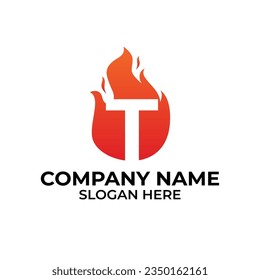 Vector del logotipo de llama T. Plantilla de la llama del logotipo de la letra T, iniciales del logotipo del incendio