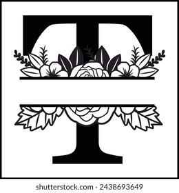 T Floral Split Monogram , Flower Monogram Clipart, Floral Letter Graphic, Alphabet Bundle |Split Monogram Alphabet | Split Monogram Frame Alphabet | Cut File for Circuit, Silhouette svg