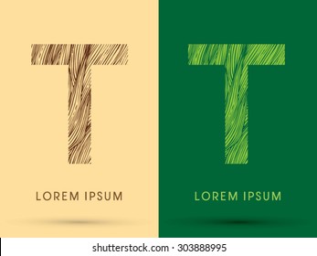 T, Font, concept line stroke , wood and leaf, grass, graphic vector.