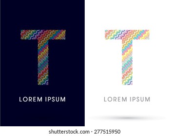 T ,font, designed using colorful zigzag line, graphic, vector.