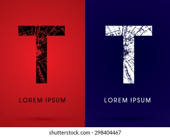 T ,Font , destroy, broken mirror,  broken glass, graphic vector.