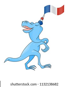 T.rex with French Flag for sport events, soccer football championships, Bastille day and other materials. Funny Blue Tyrannosaur Rex Dinosaur going or walking with French flag.