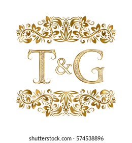 T and G vintage initials logo symbol. The letters are surrounded by ornamental elements. Wedding or business partners monogram in royal style.