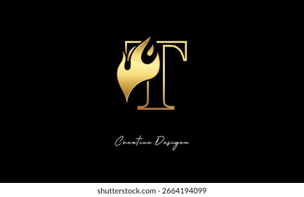 T Golden Flame Logo Design Luxus minimalistisches Symbol für Premium-Branding und kreative Identität