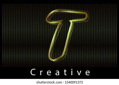 T golden metallic letter with wire effect on black background vector illustration. Styled letter design for logo, label, luxury concept, jewelry,  gold business or web page graphic elements.