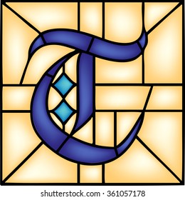 T - Gothic font, English alphabet, letter, vector illustration in stained glass window style