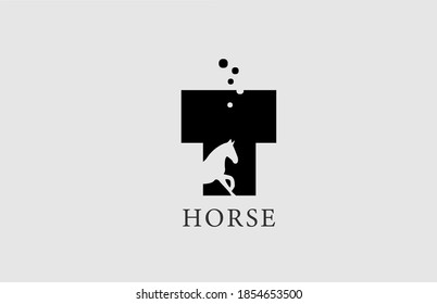 T horse alphabet letter logo icon with stallion shape inside. Creative design in black and white for company and business