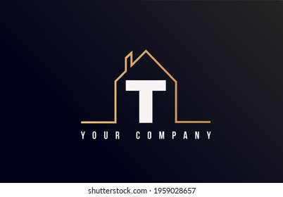 T house alphabet letter logo icon design. House real estate for company and business identity with line contour of a home