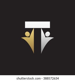 T initial alphabet letter logo with teamwork swoosh man, silver gold black background