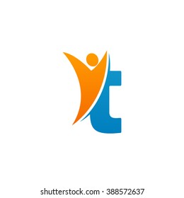 T initial alphabet letter logo with swoosh man, orange blue