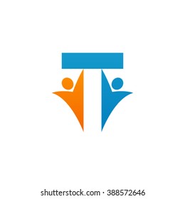 T initial alphabet letter logo with teamwork swoosh man, orange blue