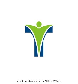 T initial alphabet letter logo with swoosh man, green blue