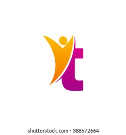 T initial alphabet letter logo with swoosh man, orange purple