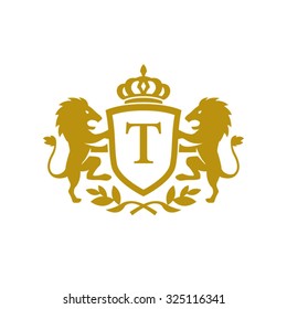 T initial business, clean luxury crest logo with lions