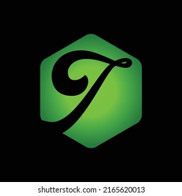 T initial green haxagon logo vector image
