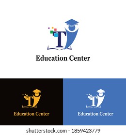 T Initial letter for Education/Academy Technology with Toga hat cap and children