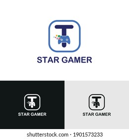 T initial letter with game console icon and pixel for gaming logo concept. game startup application