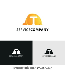 T Letra inicial y casco de protección contra sombrero duro. Concepto de logotipo de seguridad. Diseño del logotipo de construcción y construcción de contratistas