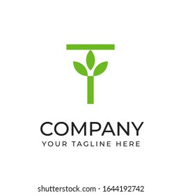 T initial letter with leaf plant shape logo template, vector file eps 10 text and color is easy to edit