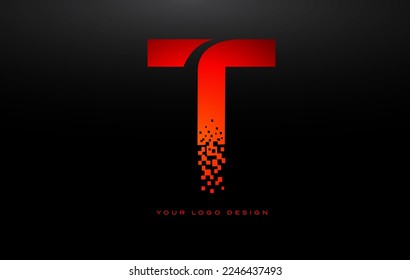 T Initial Letter Logo Design with Digital Pixels in Red Colors.