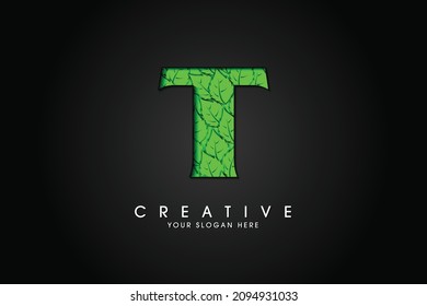 T initial letter logo with leaves. Ecological font. Green Leaves font. Vector illustration.