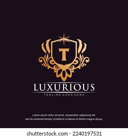 T initial letter luxury ornament gold monogram logo template vector.