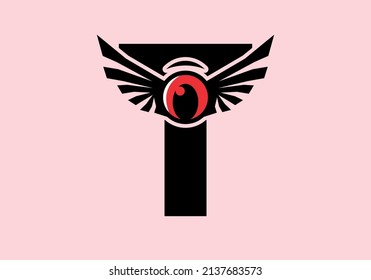 T initial letter with red eye wings design