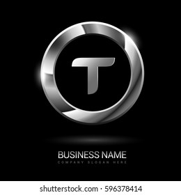 t initial letters circle elegant logo silver chrome black background - stock vector