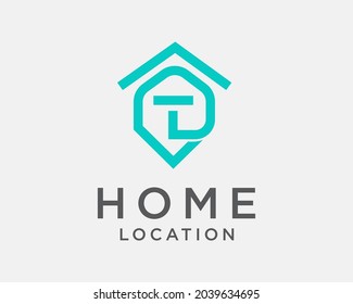 T initial location pin home house line art logo template illustration