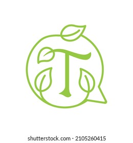 T initial logo design inside a thought bubble with leaves. Ideal logo for sustainable and environmentally friendly business.