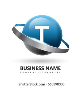t initial Logo with uppercase letter in sphere and swoosh