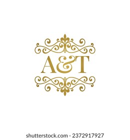 A T initials logo ornament gold. Letter AT wedding ampersand or business partner symbol.