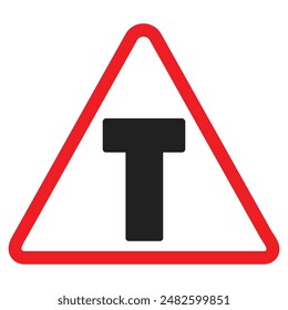 T inter section warning sign, red triangle, black arrow, traffic symbol, Cautionary Road Sign.