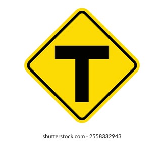 T Intersection Ahead Warning Sign Featuring a Yellow Diamond Shape with Black T Symbol, Indicating an Upcoming T Intersection, Available as a Vector File