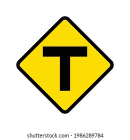 T junction ahead traffic road sign, Yellow background.
