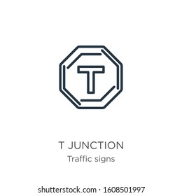 T junction icon. Thin linear t junction outline icon isolated on white background from traffic signs collection. Line vector sign, symbol for web and mobile