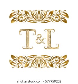 T and L vintage initials logo symbol. The letters are surrounded by ornamental elements. Wedding or business partners monogram in royal style.